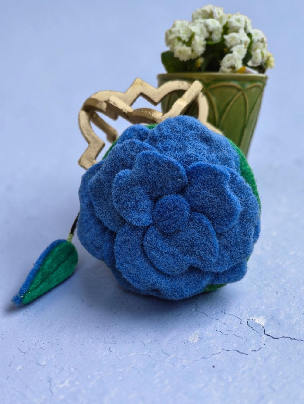 Handcrafted Blue Felt Camelia Flower with Green Leaf Accent Coin Purse
